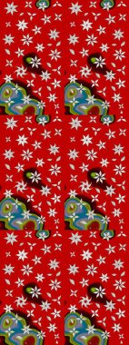 Raster illüstrasyonu. Renkli desenli eskiz deseni, kırmızı çiçekler ve dekoratif elementlerle. Kumaş, tekstil, duvar kağıdı baskısı için. Eski usul. Taslak arkaplan.