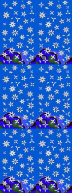 Renkli desenli eskiz deseni, mavi çiçekler ve dekoratif elementlerle. Eskiz geçmişi. Raster illüstrasyonu. Kumaş, tekstil, duvar kağıdı baskısı için. Antika retro tarzı.