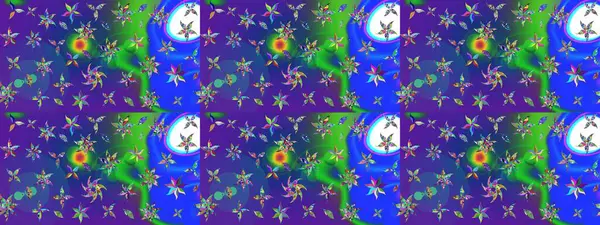 Çok mavi, zarif küçük çiçekler ve mavi renkli komik böcekler, raster desen, illüstrasyon.