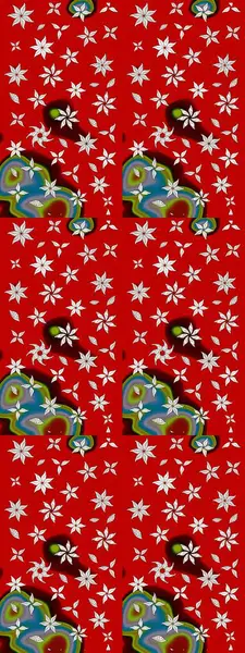 Raster illüstrasyonu. Renkli desenli eskiz deseni, kırmızı çiçekler ve dekoratif elementlerle. Kumaş, tekstil, duvar kağıdı baskısı için. Eski usul. Taslak arkaplan.