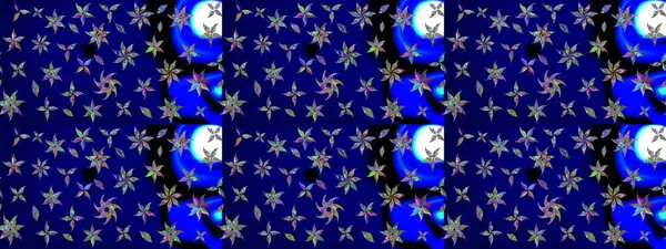 Raster illüstrasyonu. El çizimi çiçekli soyut çizim kalıbı. Mavi renkte çiçekler.