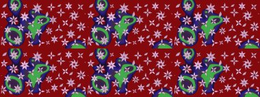 Suluboya elle çizilmiş çiçek desenli eskiz deseni. Parlak renkli fantezi çiçekleri, yapraklar, kırmızı renkli tomurcuklar..