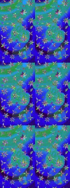 Halk tarzı. Parlak renkli çiçekleri ve mavi yaprakları olan harika bir çiçek deseni. Modern çiçek arkaplanı. Moda baskıları için zarif bir şablon.