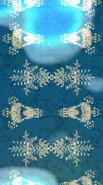 Raster illüstrasyonu. Mavi, nötr ve gri renklerde Asya tekstili. Suluboya çiçekli çiçek deseni.