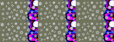 Yeşil renkli bitkilerden oluşan parlak çiçekli çizim deseni.