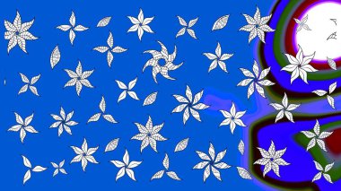 Çok mavi, zarif küçük çiçekler ve mavi renkli komik böcekler, raster desen, illüstrasyon.