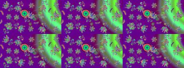 Noel ve yeni yıl moda baskıları için tatil tasarımı. Kar tanelerinin soyut arkaplanlı Noel şablonu. Raster illüstrasyonu. Mor ve yeşil kar taneleri.