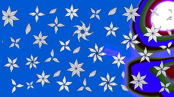 Çok mavi, zarif küçük çiçekler ve mavi renkli komik böcekler, raster desen, illüstrasyon.