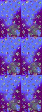 Raster illüstrasyonu. Çiçek desenli çizim. Mor renkli çiçekler. Asya tekstil tarzında. Raster illüstrasyonu.