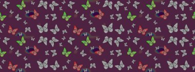 Raster illüstrasyonu. Kumaş, tekstil, baskı ve davetiye. Kahverengi soyut arka planda gece kelebekleri. Çizim.