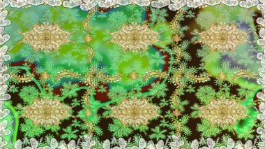 Altın rengi, kusursuz çizim. Raster geometrik arka plan. Senin tasarımın için, duvar kağıdı. Yeşil renklerde altın desenli altın çiçekli desenler.