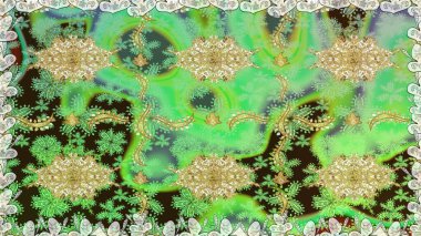 Doğu tarzı element. Davetiyeler, kartlar, web sayfası için Raster illüstrasyon. Yeşil renklerdeki altın element. Çizgi sanatı tasarım şablonu için kusursuz sınır. Altın çizgili çiçek dekoru.