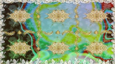 Raster altın desen. Kusursuz kıvırcık saçlar. Doğulu stil, altın elementli yeşil renkte altın desenli arabesk yapar..