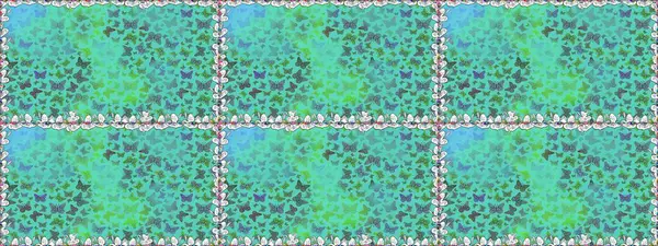 Yeşil arka planda renkli kelebekler. Paketleme, kağıt ve kumaş için uygun. Kelebeklerle renklendirilmiş, pürüzsüz bir desen.