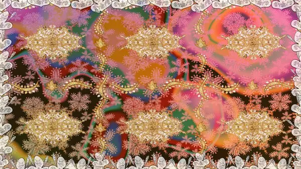 Kahverengi renklerde altın. Kusursuz ortaçağ çiçek deseni. Dekoratif simetri arabesk. Raster illüstrasyonu. Doğum günü, davetiye ya da afiş için tebrik kartı.