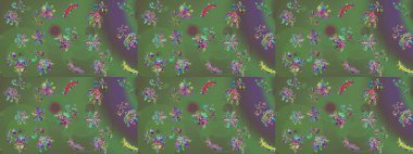 Düz Çiçek Elementleri Tasarımı. Renkli Bahar Temalı Kusursuz Arkaplan. Güzel çiçek deseni. Yeşil, gri ve mor renkte çiçekler.