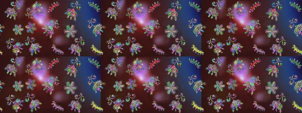 Düşen Noel stili kar taneleri. İllüzyon. Güzel, kahverengi, mor ve mavi kar taneleri renkli bir arka planda izole edilmiş. Kar taneleri, kar yağışı.