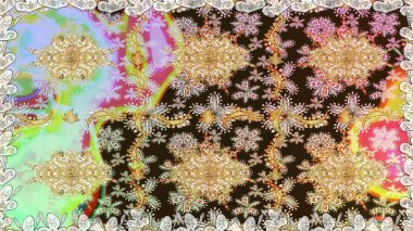 Raster soyut çiçek çelengi altın karalama fantezi yaprakları ve tarafsız renklerde çiçek. El yapımı dekoratif çerçeve, albüm kapağı, tebrik kartı, klasik Art deco tarzı.