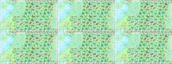 Duvar kağıtları, web sayfası geçmişi, yüzey dokuları, tekstil için mükemmel. Raster. Tarafsız ve yeşil renklerle ilgili kusursuz çiçek desenli arka plan. Resimler tropikal kelebeklerle birlikte.