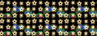 Siyah, yeşil ve sarı renkli kristal kar taneleri. Raster illüstrasyonu.