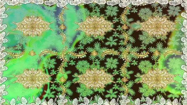 Senin tasarımın için, duvar kağıdı. Raster geometrik arka plan. Altın rengi, kusursuz çizim. Yeşil renklerde altın desenli altın çiçekli desenler.