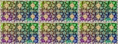 Kına dövmeli süs çiçekleri, altın çıkartmalar, mehndi ve yoga tasarımı, kartlar ve parmak izleri. Yeşil renkte desen. Raster altın mehndi kusursuz desen.