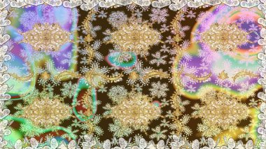 Tarafsız renklerde altın element. Damask arkaplanı. Altın çiçekli, pürüzsüz desen. Barok tarzında altın çiçekli süs..