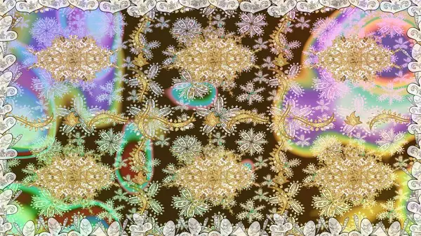 Tarafsız renklerde altın element. Damask arkaplanı. Altın çiçekli, pürüzsüz desen. Barok tarzında altın çiçekli süs..