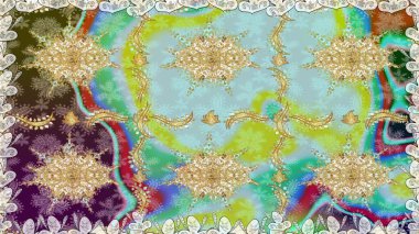 Kusursuz kraliyet lüksü, altın barok kumaş rengi. Altın antika ortaçağ dekoratifi, yapraklar ve tarafsız renklerde altın desenli süslemeleri olan pürüzsüz bir desen..