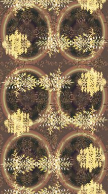 Kahverengi, bej ve sarı renkler. Raster illüstrasyonu. Noel ve yeni yıl moda baskıları için tatil tasarımı. Kar tanelerinin soyut arkaplanlı Noel deseni.