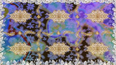 Lüks, kraliyet ve Viktorya dönemi konsepti. Süslü raster dekorasyonu. Mor renklerde altın element. Mor üzerine altın işlemeli klasik barok çiçekli desen..