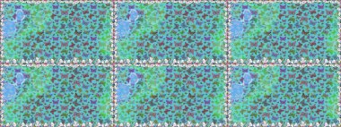 Raster illüstrasyonu. Tekstil, duvar kâğıtları, web sayfası arkaplanları ve yüzey dokuları için mükemmel. Mavi ve yeşil renklerdeki renkli kelebeklerin kusursuz arka planı.