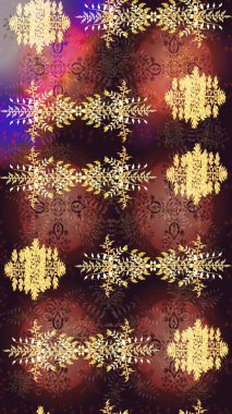 Noel ve yeni yıl moda baskıları için tatil tasarımı. Kar tanelerinin soyut arkaplanı olan şirin bir Noel arkaplanı. Raster illüstrasyonu. Kahverengi, sarı ve mor kar taneleri. Renkler.