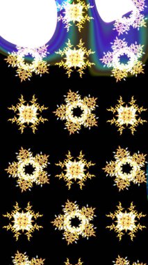 Yeni yıl kar tanesi. Düz kar karalama ikonları, yılbaşı afişi için kar taneleri silueti, kartlar. Siyah, beyaz ve sarı renkler üzerine şirin soyut kar tanesi raster tasarımı.