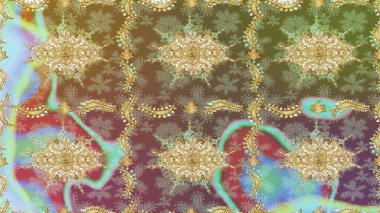 Kusursuz altın desen. Çiçek desenli altın metal. Tarafsız renkler ve altın elementler. Raster altın çiçek süsü brokar kumaş ve cam desenli..