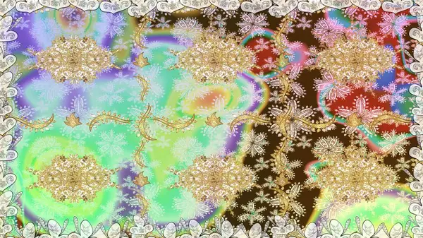 Tarafsız renklerde altın rengi ve altın elementler üzerinde altın pürüzsüz desen. Tekrarlayan elementlerle soyut arkaplan oluşturun. Raster illüstrasyonu. Kusursuz, klasik altın desen..