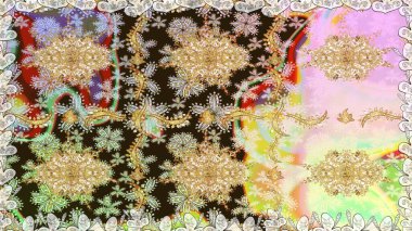 Kusursuz kraliyet lüksü, altın barok kumaş rengi. Altın antika ortaçağ dekoratifi, yapraklar ve tarafsız renklerde altın desenli süslemeleri olan pürüzsüz bir desen..