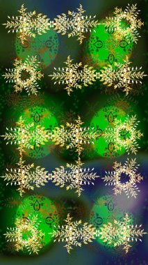 Kış kar taneleri, raster arka plan. Yüzey, ambalaj kağıdı, yeşil, gri ve mavi renkler üzerinde kar tanesi için yinelenen doku.