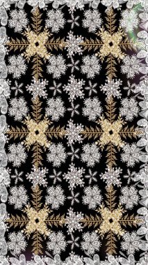 Kusursuz bir geçmişi var. Renkli desenli kusursuz desen, siyah çiçekler ve dekoratif elementler. Raster illüstrasyonu. Eski usul. Kumaş, tekstil ve duvar kağıdı baskısı için..