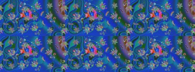 Mavi, yeşil ve mor renklerde. Çiçekli güzel suluboya desen. Raster illüstrasyonu.