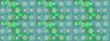 Yeşil, mavi ve nötr renklerde altın tekrarlayan elementlerle soyut arkaplan. Eskiz oryantal klasik altın desen.