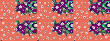 1950-1960 motifleri. El çizimi çiçek unsurları olan soyut çizim raster deseni. Retro tekstil tasarım koleksiyonu. Turuncu üzerine turuncu. Çiçekli ipek eşarp..