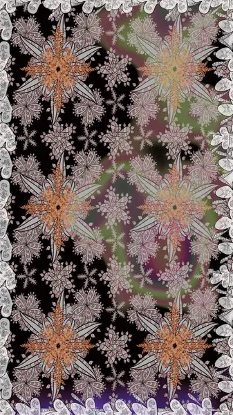 Çok renkli ve kahverengi zarif küçük çiçekler ve gri ve kahverengi renkli komik böcekler, raster deseni, illüstrasyon.