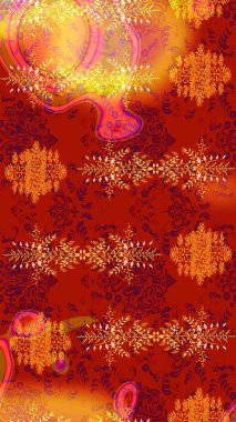 Çiçek desenli çizim. Raster illüstrasyonu. Raster illüstrasyonu. Asya tekstil tarzında. Kırmızı, turuncu ve sarı renkte çiçekler.