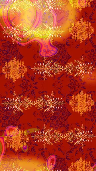 Çiçek desenli çizim. Raster illüstrasyonu. Raster illüstrasyonu. Asya tekstil tarzında. Kırmızı, turuncu ve sarı renkte çiçekler.