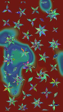 Halk tarzı. Moda baskıları için zarif bir şablon. Modern çiçek arkaplanı. Parlak renkli çiçekleri ve kırmızı yaprakları olan harika bir çiçek deseni..