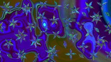 Suluboya elle çizilmiş çiçek desenli eskiz deseni. Parlak renkli fantezi çiçekleri, yapraklar, mavi renkli tomurcuklar.