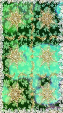 Raster altın desen. Doğulu stil, altın elementli yeşil renkli altın desenli arabesk yapar. Kusursuz kıvırcık saçlar..