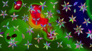 Renkli Bahar Teması eskiz kalıbı. Yeşil renkli çiçekler. Düz Çiçek Elementleri Tasarımı. Sevimli çiçek raster deseni.