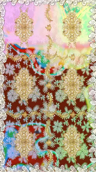 El yapımı dekoratif çerçeve, albüm kapağı, tebrik kartı, klasik Art deco tarzı. Raster soyut çiçek çelengi altın karalama fantezi yaprakları ve tarafsız renklerde çiçek.